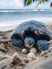 Turtle laying eggs on the beautiful beach - 783186247