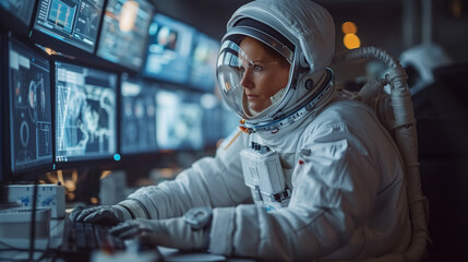 Astronauts Wearing Space Suits Work on a Laptop, Exploring Newly Discovered Planet, Communicating with the Earth. Space Travel