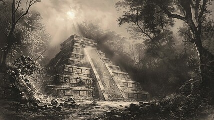 Time-worn engraving of an ancient Aztec pyramid rising from the jungle