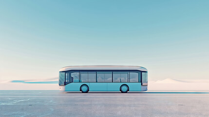 Side view of a 3D minimal bus concept with pastel accents driving on a road that blends into a clear cloudless sky.