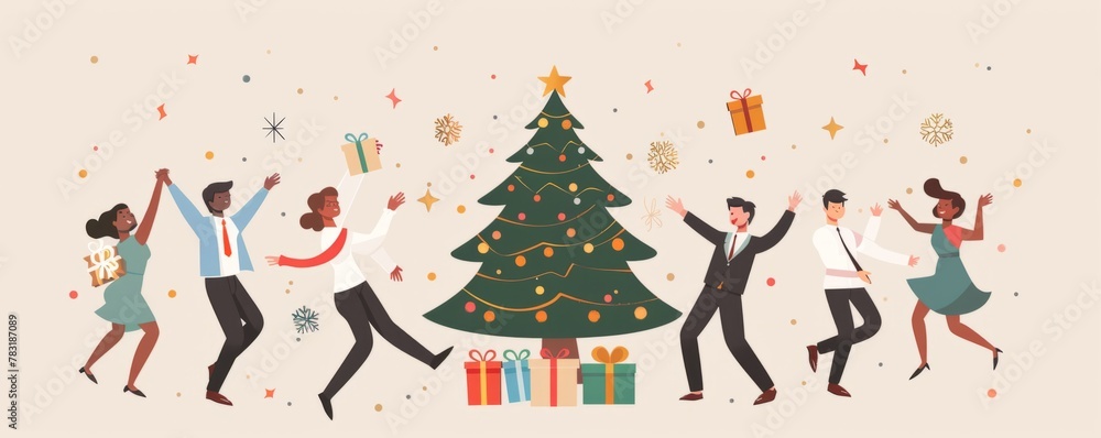 Poster a group of business people dancing around the christmas tree in a flat design with simple lines and 