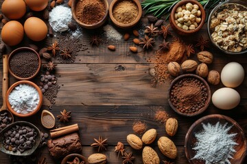 Abundance of baking ingredients presented on a dark, wooden tabletop, inviting viewers to explore the art of baking