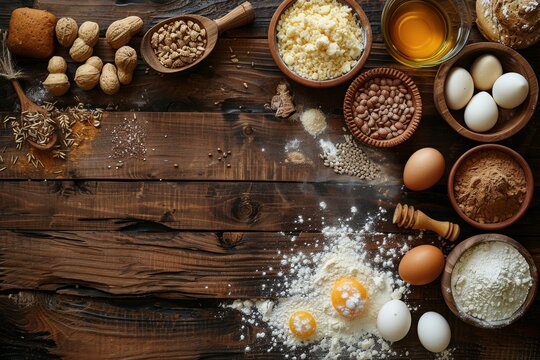An array of fresh baking ingredients neatly organized on a wooden surface, symbolizing the joy of homemade baking