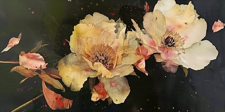 Nostalgia vintage peonies flowers photo merged fine art painting technique rustic wallpaper splash oil and watercolor backgrounds 
