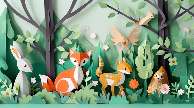 Whimsical paper craft scene depicting a whimsical forest inhabited by woodland creatures