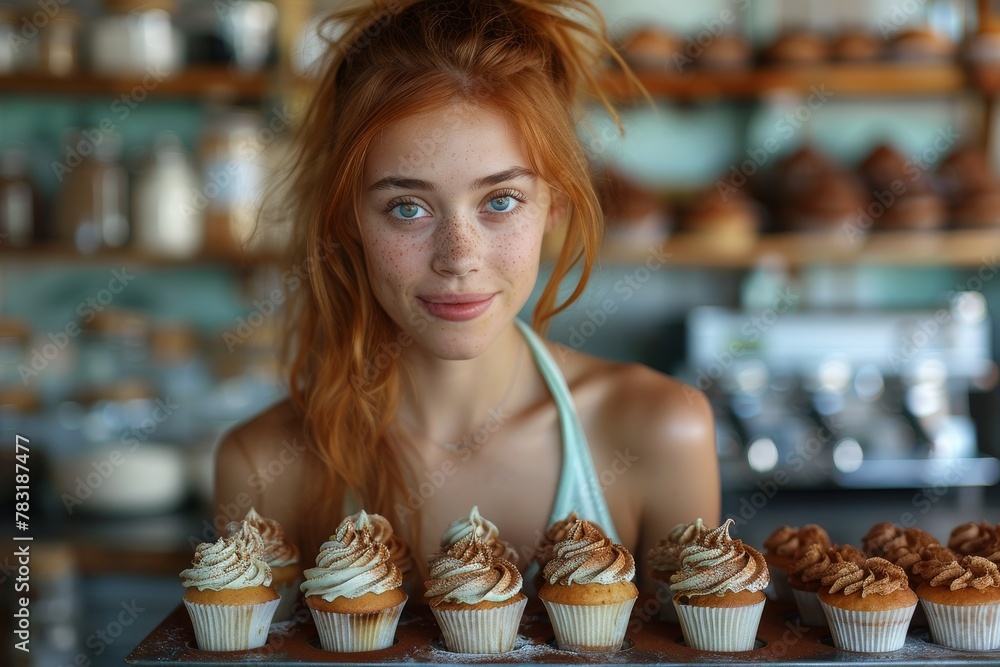 Poster a red-haired woman poses playfully behind a selection of cupcakes in a rustic bakery setting with wa