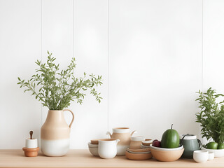 Ambiente minimalista con productos orgánicos y cerámica hecha a mano. Vista de frente y de cerca. Copy space. AI Generatriva