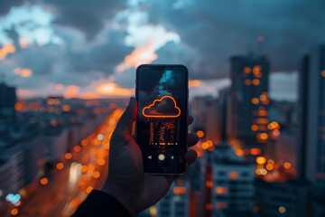 Hand holding a smartphone with a cloud symbol on the screen, cityscape in the background - obrazy, fototapety, plakaty