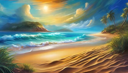 A dream-like sandy beach with light shining in from the sky creating a fantastic and beautiful atmosphere. sand is smooth