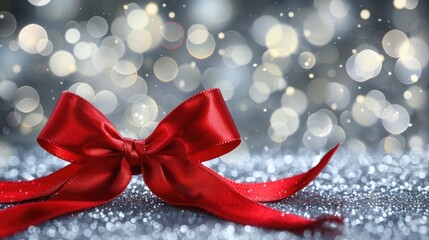 Shimmering Silver Background with Red Ribbon - Perfect for a Festive Christmas Card