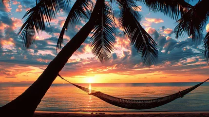 Foto auf Acrylglas Silhouette of a hammock between palm trees at sunset on a beach © bmf-foto.de
