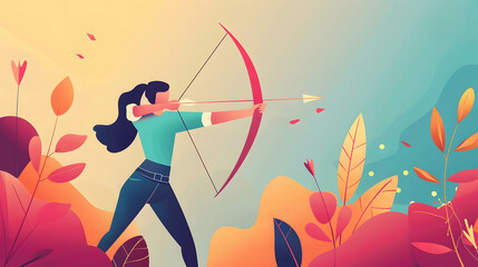 Illustrate a person holding a bow and arrow, aiming towards a distant target with determination and purpose, make a plan to reach your goals