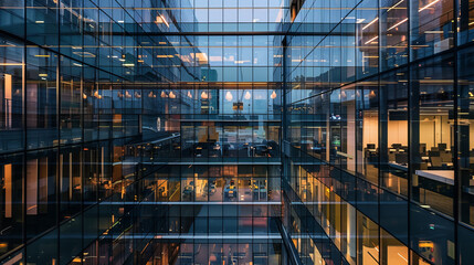 Modern office skyscraper with glass facade, reflecting the bustling city around it, lively urban atmosphere