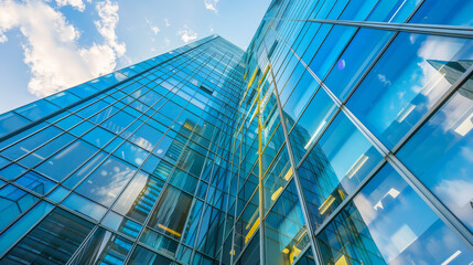 Obraz premium Modern office skyscraper with glass facade, reflecting the bustling city around it, lively urban atmosphere