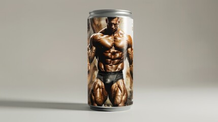 Cylindrical aluminum beverage can with a printed design of a muscular human body