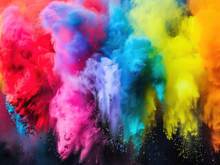 Colorful powder explosions captured in a mesmerizing freeze frame, forming a beautiful artwork on a blank black surface.