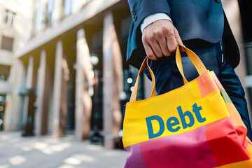 Businessman carrying colorful bag with word “Debt”, credit card debt and household debt