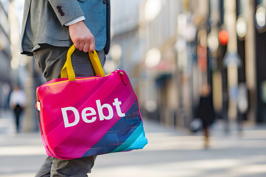 Businessman carrying colorful bag with word “Debt”, credit card debt and household debt