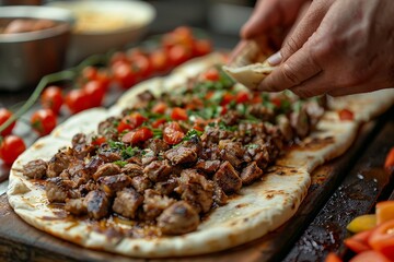 A hand garnishes juicy, grilled kebab pieces on flatbread with diced tomatoes and greens...