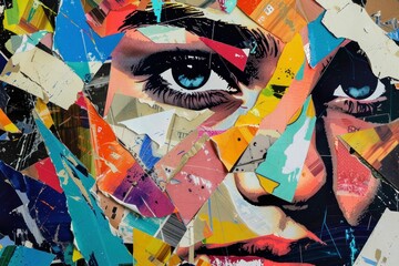 Abstract portrait of a woman with torn paper pieces on her face symbolizing inner conflict and fragmentation
