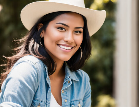 A woman wearing a white shirt and jeans, smiling and wearing a cowboy hat.