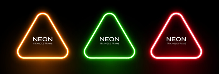 Neon light triangle frame. Laser glow of abstract shape. Led banners effect geometric figures. Set of vector templates. - obrazy, fototapety, plakaty