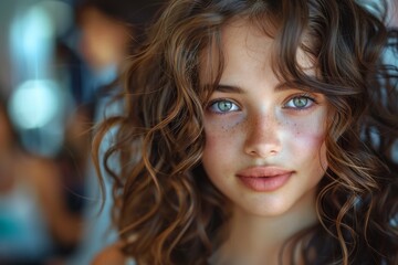 A young girl with bouncy curls and striking green eyes in a close-up portrait - obrazy, fototapety, plakaty