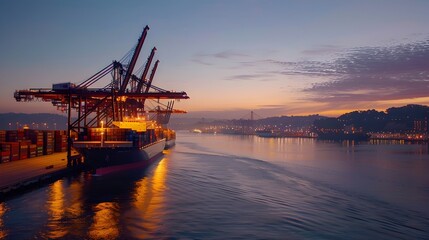 Cargo containers being loaded onto a massive ship at a bustling container port at dusk,highlighting the global scale of marine transportation and