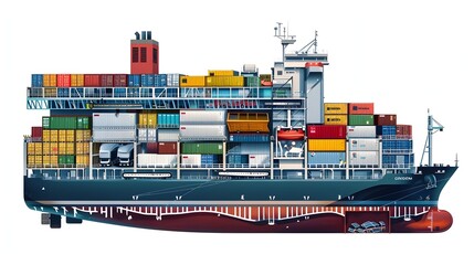 Detailed schematic of a complex freight ship showcasing the intricate logistics of cargo management,emphasizing the efficiency of maritime transport
