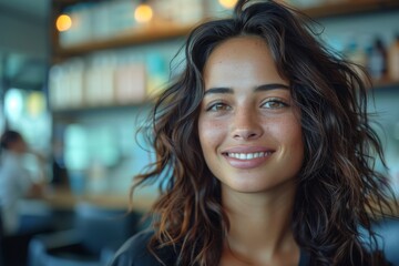 A young brunette woman with a warm smile, casually styled, is captured in front of a bar setting - obrazy, fototapety, plakaty