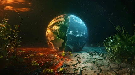 Deken met patroon Volle maan en bomen Divided Planet:A Striking Visualization of Climate Change's Stark Contrasts and the Urgent Need for Sustainable Solutions