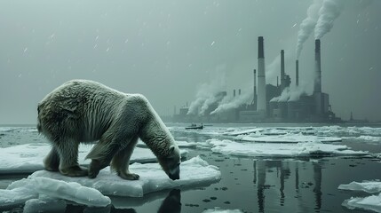 Polar Bear Stranded on Shrinking Ice Floe Amid Industrial Smoke Plumes Symbolizing Global Warming's Environmental Crisis