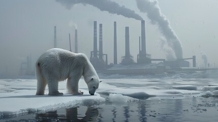 Polar Bear Perched on Shrinking Ice Floe Amid Industrial Smokestacks,Symbolizing Global Warming's Threat to Arctic Wildlife