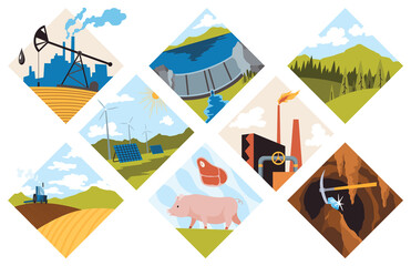 Collection of natural resources design.  illustration of types national treasure oil, gas, damond, ground, coal and sand, wood, pet animal, water, alternative technology