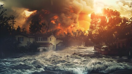 Simultaneous Extremes of Wildfires,Floods,and Other Catastrophic Climate Change Events Across the Globe - obrazy, fototapety, plakaty