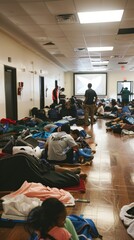 Diverse Group of People in a Community Shelter During Evening Hours