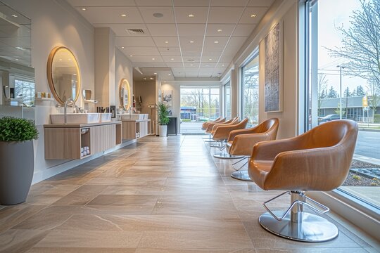 Image showing the spacious and elegant design of a contemporary hair salon with a row of stylish chairs