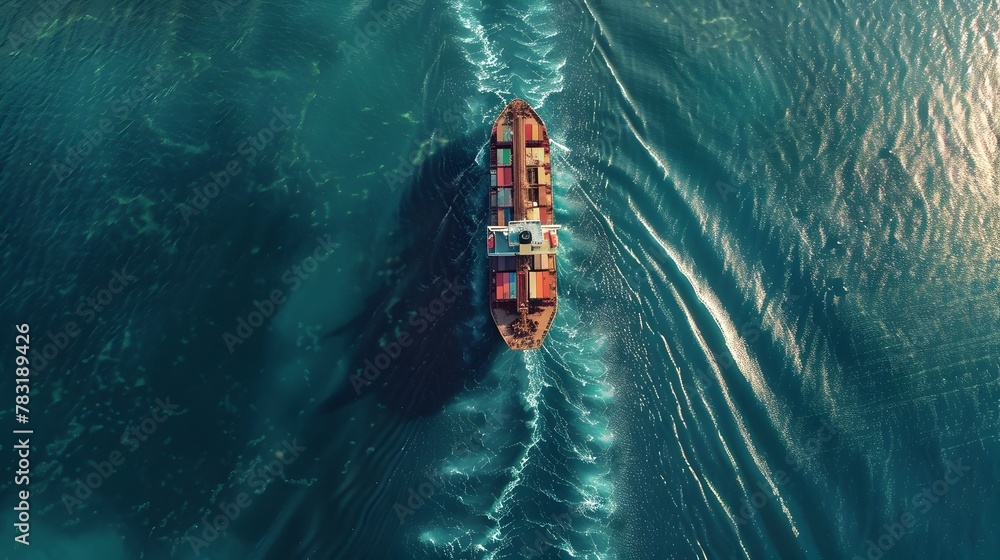 Poster aerial view of global cargo ship journey across open seas with navigation overlay