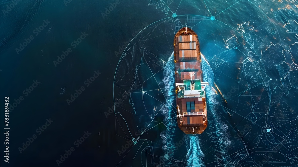 Poster aerial view of cargo ship navigating global shipping routes with digital map overlay