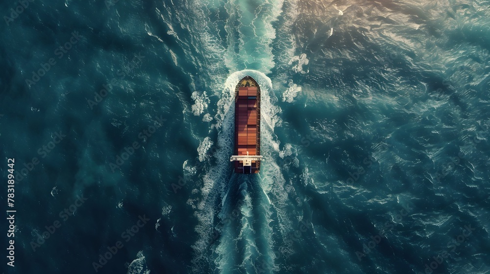 Poster aerial view of cargo ship traversing global trade routes with map overlay