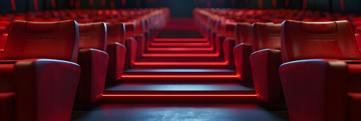 Empty movie theatre,Rows of red velvet seats watching movies in the cinema with copy space banner background Entertainment and Theater concept 3D illustration rendering.
