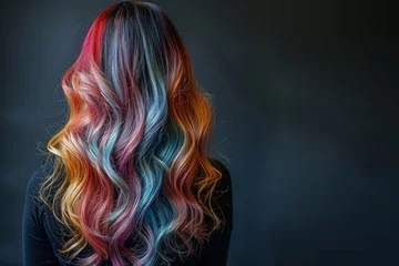  A woman's back with multicolored dyed hair cascading in waves © Larisa AI