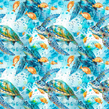 Under water sea seamless pattern with sea turtles and fishes. Perfect for fabric, cover, wallpaper. 