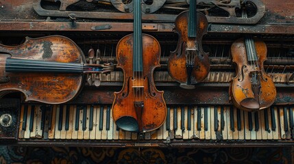 Naklejka premium banner background National Cherish An Antique Day theme, and wide copy space, Abstract representation of antique musical instruments intertwining in a harmonious melody of shapes and line