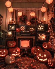 Vintage Halloween Party Atmosphere with Spooky Pumpkin Decor and Retro TVs