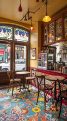 Fototapeta na wymiar Cozy Cafe Interior with Vibrant Decor and Daylight Streaming Through Windows
