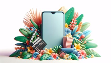Cartoon Smartphone with Cinema and Tropical Decor in Pastel Colors