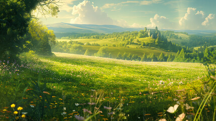 landscape with field and sun