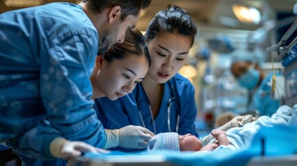 Medical Team Conducting Neonatal Care with Newborn in Hospital