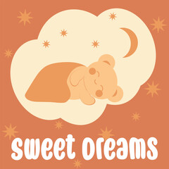 Cute little bear in kawaii style sleeps under a blanket against the background of a window with the night sky. Minimalistic card with brown background and stars.